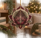 Red Lotus Mandala Quiet Corner Custom Shape Ornament with flat printed optical 3D lotus tunnel in oxblood dusty rose parchment sage and antique gold