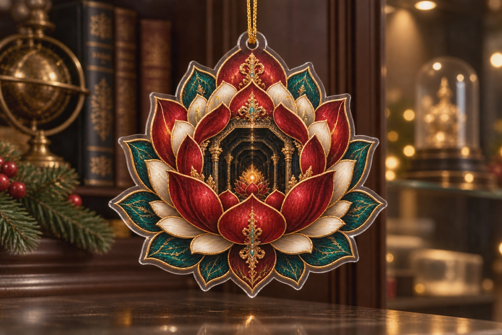 Red Lotus Mandala Collector Birthday Custom Shape Ornament with flat printed optical 3D lotus reliquary in ruby obsidian peacock teal alabaster and museum gold