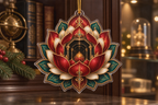 Red Lotus Mandala Collector Birthday Custom Shape Ornament with flat printed optical 3D lotus reliquary in ruby obsidian peacock teal alabaster and museum gold
