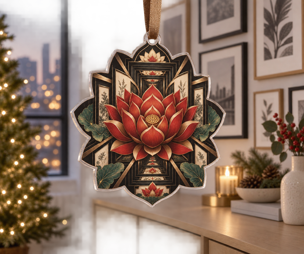 Red Lotus Mandala Gallery Wall Custom Shape Ornament with flat printed optical 3D layered frames in vermilion ink black cream jade and brushed bronze