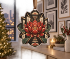 Red Lotus Mandala Gallery Wall Custom Shape Ornament with flat printed optical 3D layered frames in vermilion ink black cream jade and brushed bronze