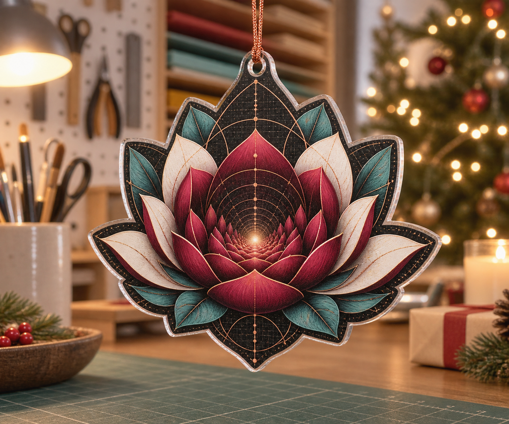 Red Lotus Mandala Hobby Studio Custom Shape Ornament with flat printed optical 3D drafting tunnel in magenta red carbon turquoise canvas white and copper