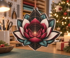Red Lotus Mandala Hobby Studio Custom Shape Ornament with flat printed optical 3D drafting tunnel in magenta red carbon turquoise canvas white and copper