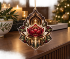 Red Lotus Mandala Host Thank You Custom Shape Ornament with flat printed optical 3D hospitality arch in cranberry espresso porcelain olive and champagne gold