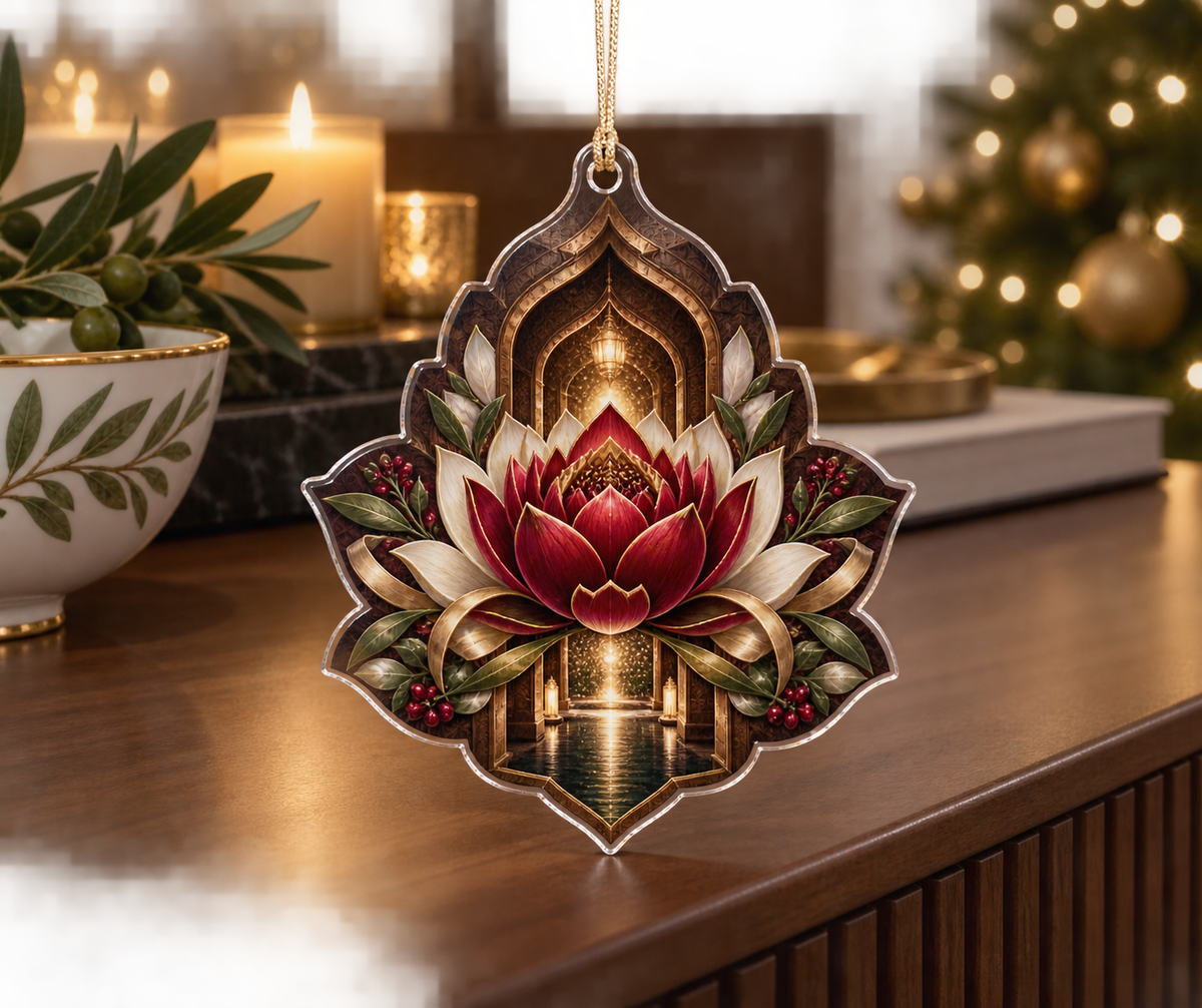 Red Lotus Mandala Host Thank You Custom Shape Ornament with flat printed optical 3D hospitality arch in cranberry espresso porcelain olive and champagne gold