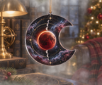 Lunar Eclipse Reading Nook Custom Shape Ornament with flat printed optical 3D lunar eclipse in midnight navy ember red silver violet and antique brass