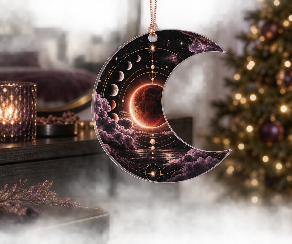 Lunar Eclipse Bedroom Custom Shape Ornament with flat printed optical 3D blood moon in black pearl amethyst and rose gold