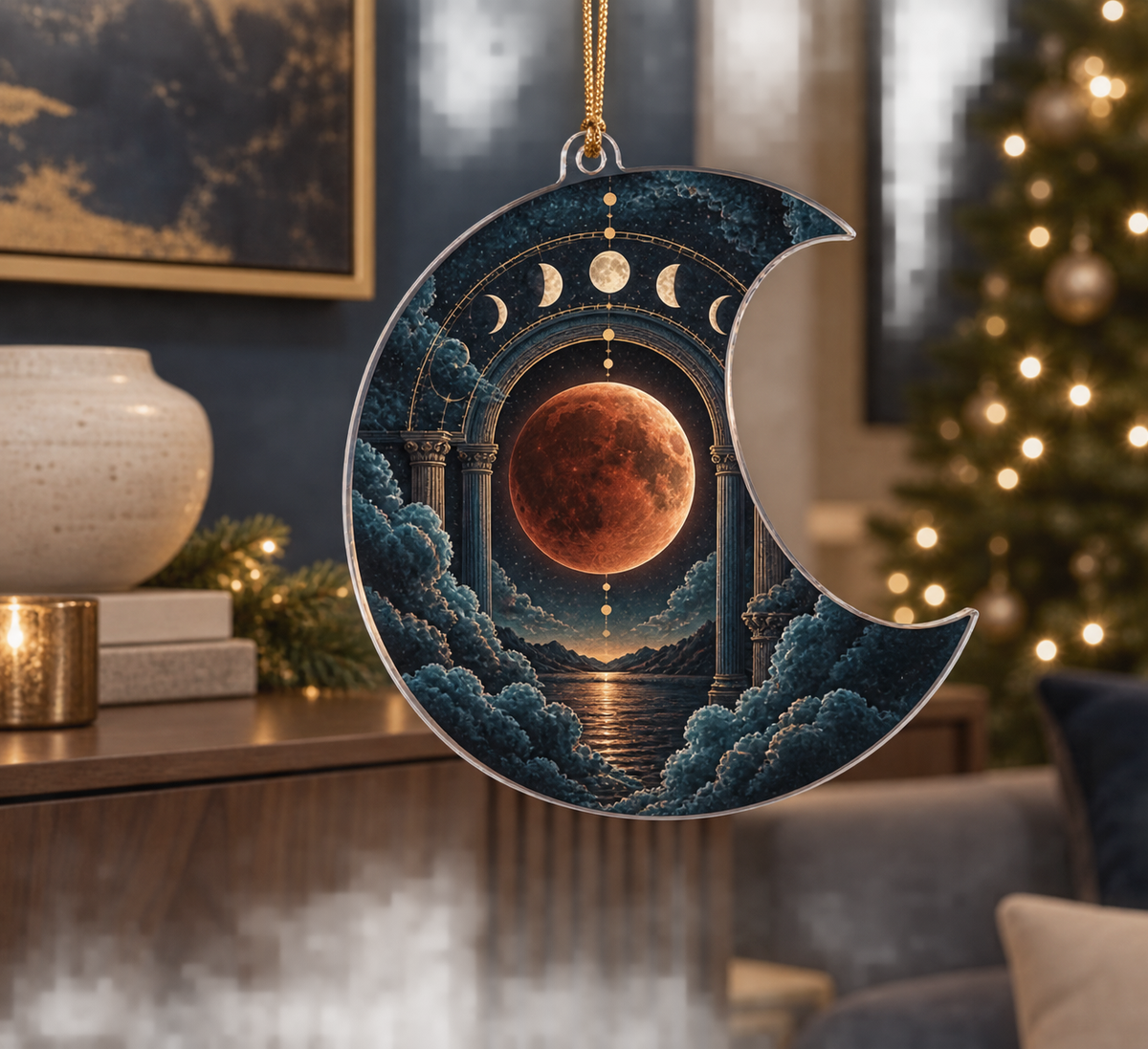 Lunar Eclipse Living Room Custom Shape Ornament with flat printed optical 3D eclipse in indigo copper red bone white dark teal and aged brass