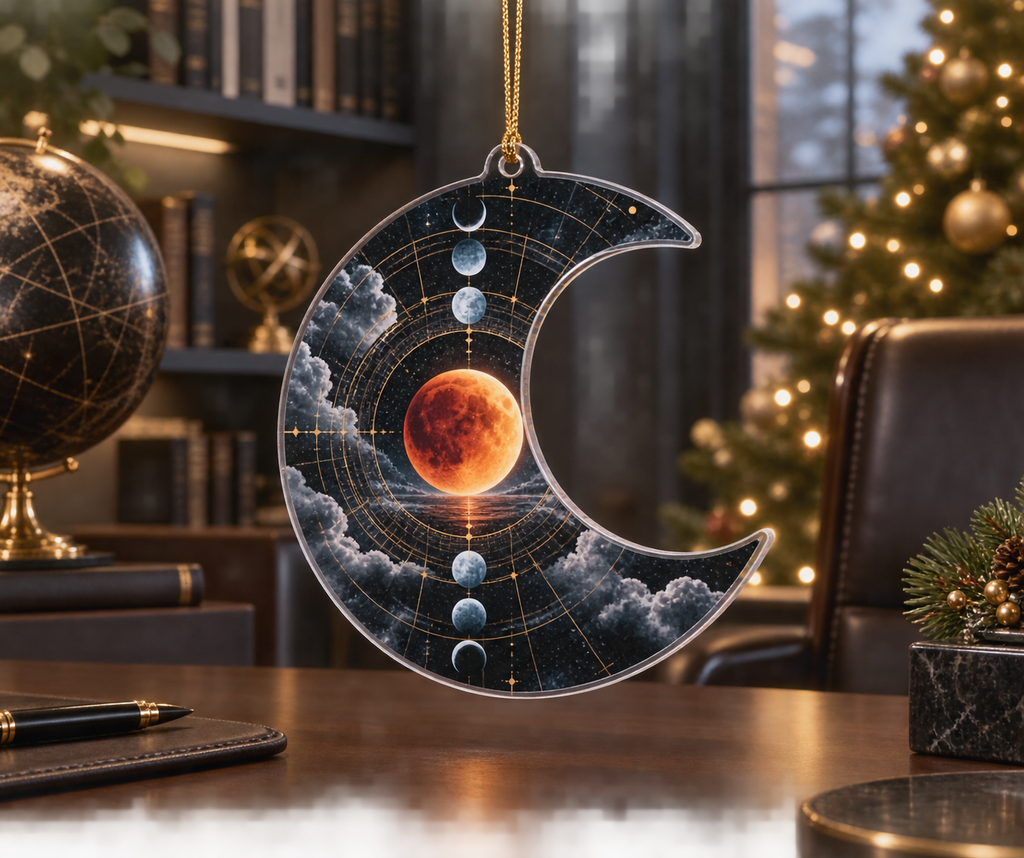 Lunar Eclipse Home Office Custom Shape Ornament with flat printed optical 3D eclipse in graphite eclipse orange ice blue slate and brass