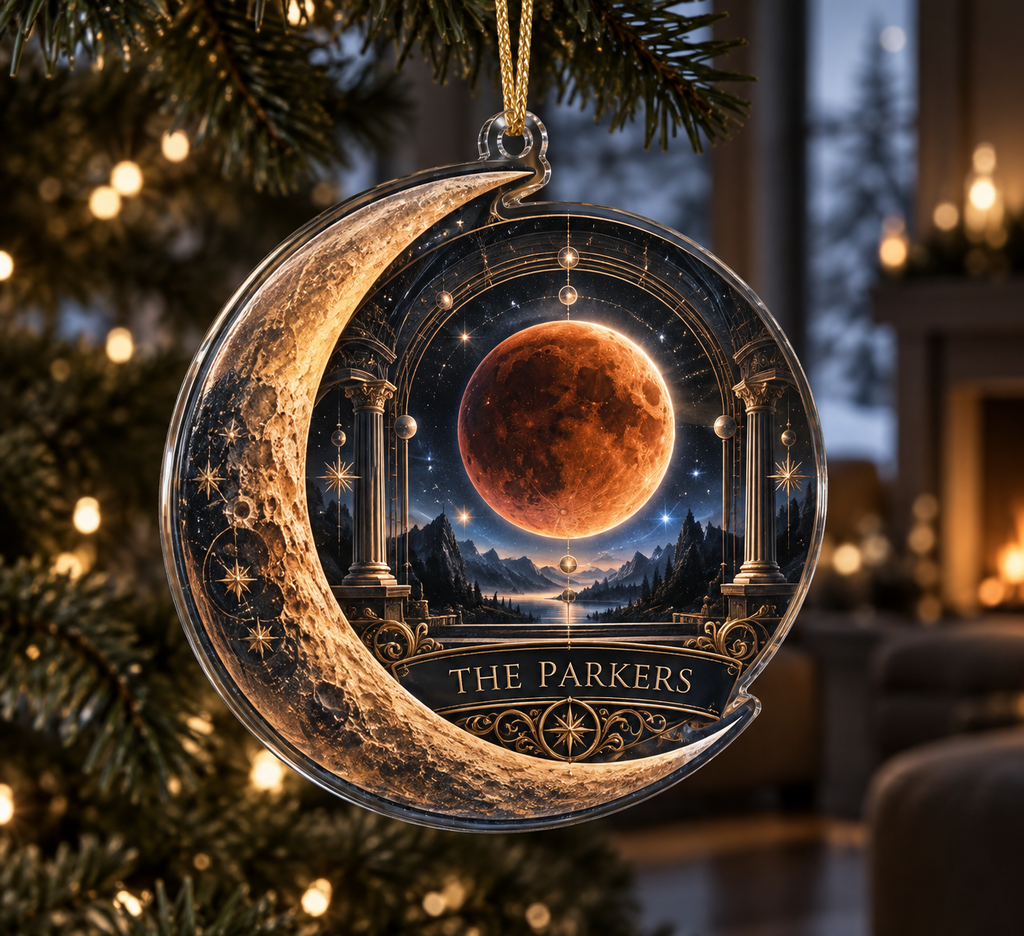Personalized Lunar Eclipse Custom Shape Ornament showing The Parkers within flat printed optical 3D lunar eclipse portal in graphite eclipse orange ice blue slate and brass