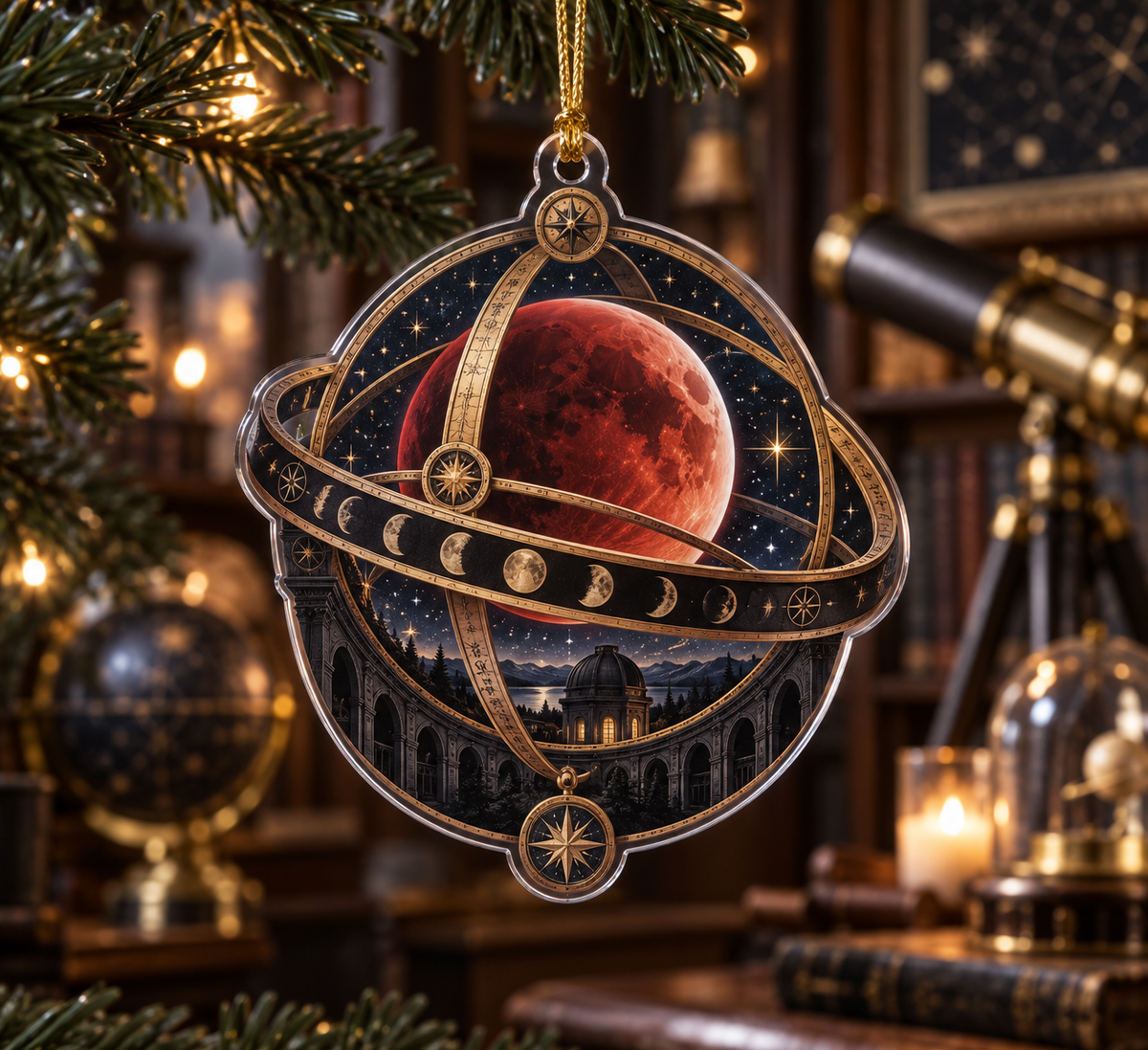 Lunar Eclipse Collector Birthday Custom Shape Ornament with flat printed optical 3D eclipse in obsidian crimson antique gold midnight blue and parchment