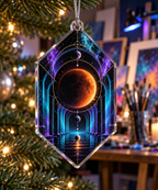 Lunar Eclipse Hobby Studio Custom Shape Ornament with flat printed optical 3D eclipse in ultraviolet electric cyan orange ink black and silver