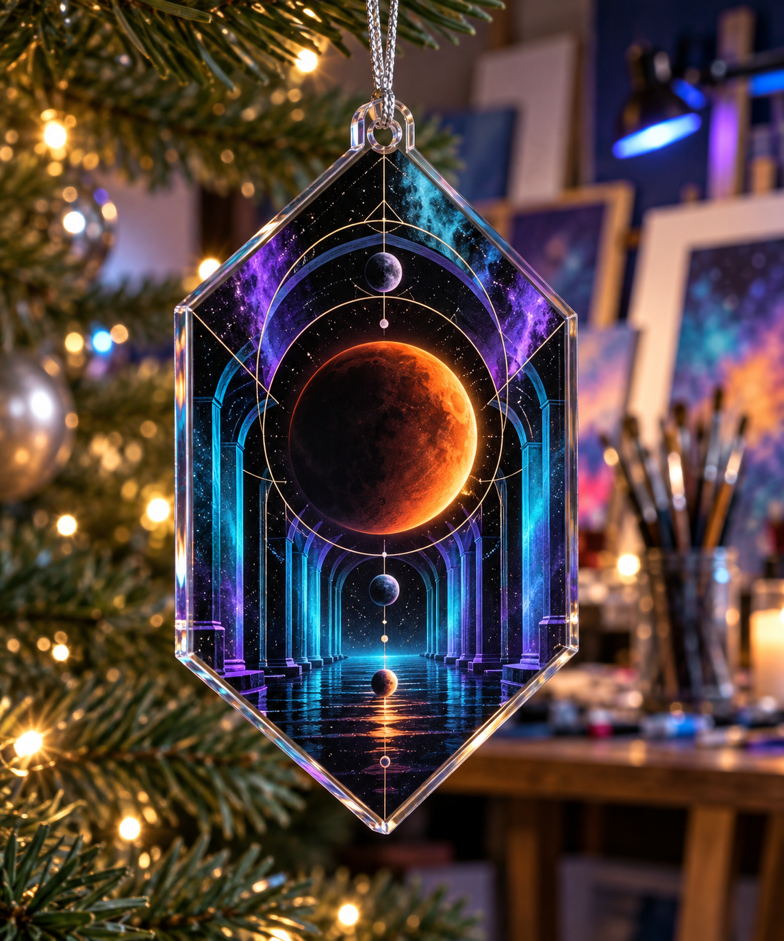 Lunar Eclipse Hobby Studio Custom Shape Ornament with flat printed optical 3D eclipse in ultraviolet electric cyan orange ink black and silver