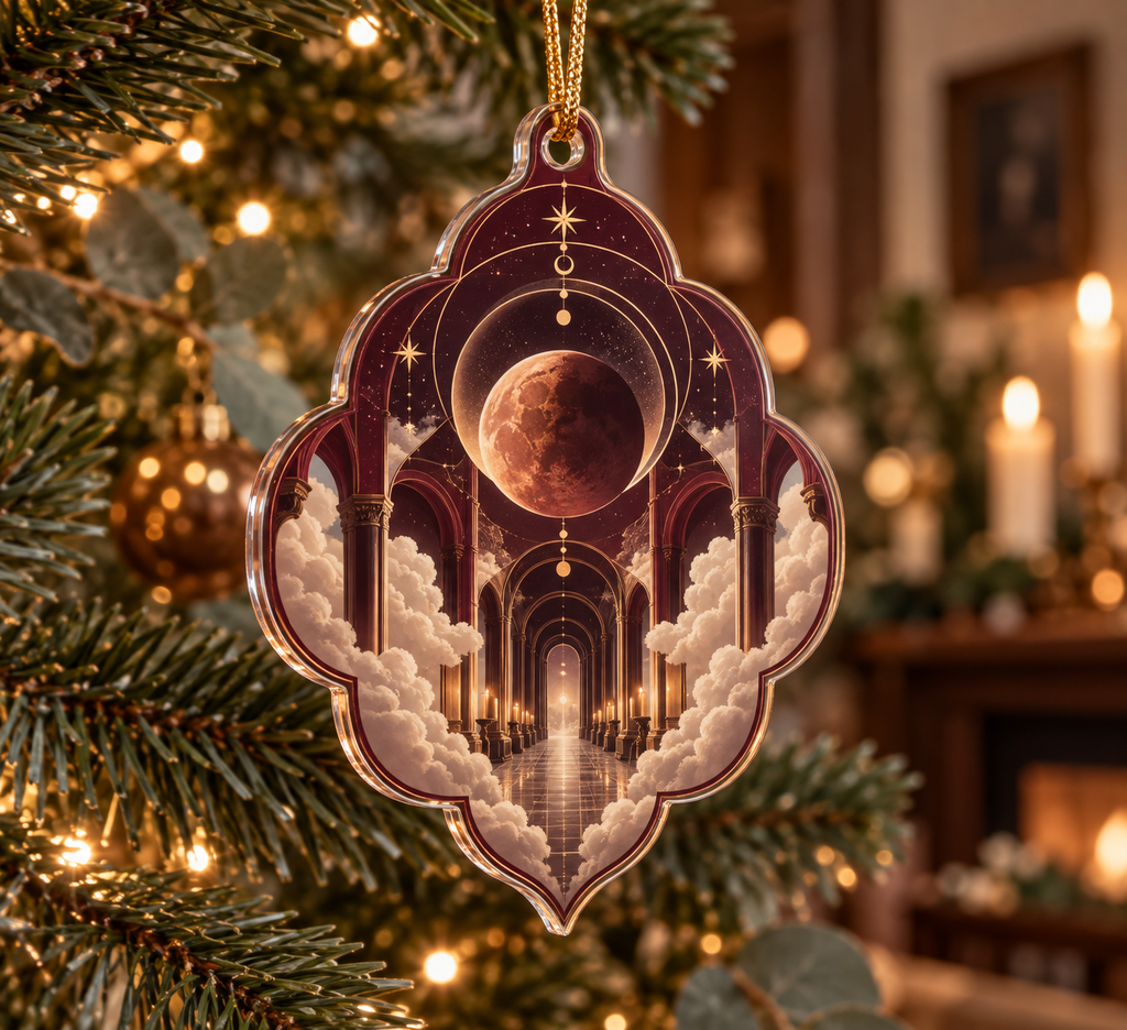 Lunar Eclipse Host Thank You Custom Shape Ornament with flat printed optical 3D eclipse in burgundy copper cream deep plum and champagne gold
