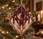 Lunar Eclipse Host Thank You Custom Shape Ornament with flat printed optical 3D eclipse in burgundy copper cream deep plum and champagne gold