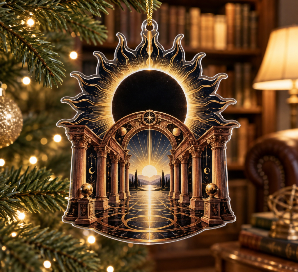 Solar Eclipse Reading Nook Custom Shape Ornament with flat printed optical 3D solar eclipse in black white gold burnt sienna parchment and navy