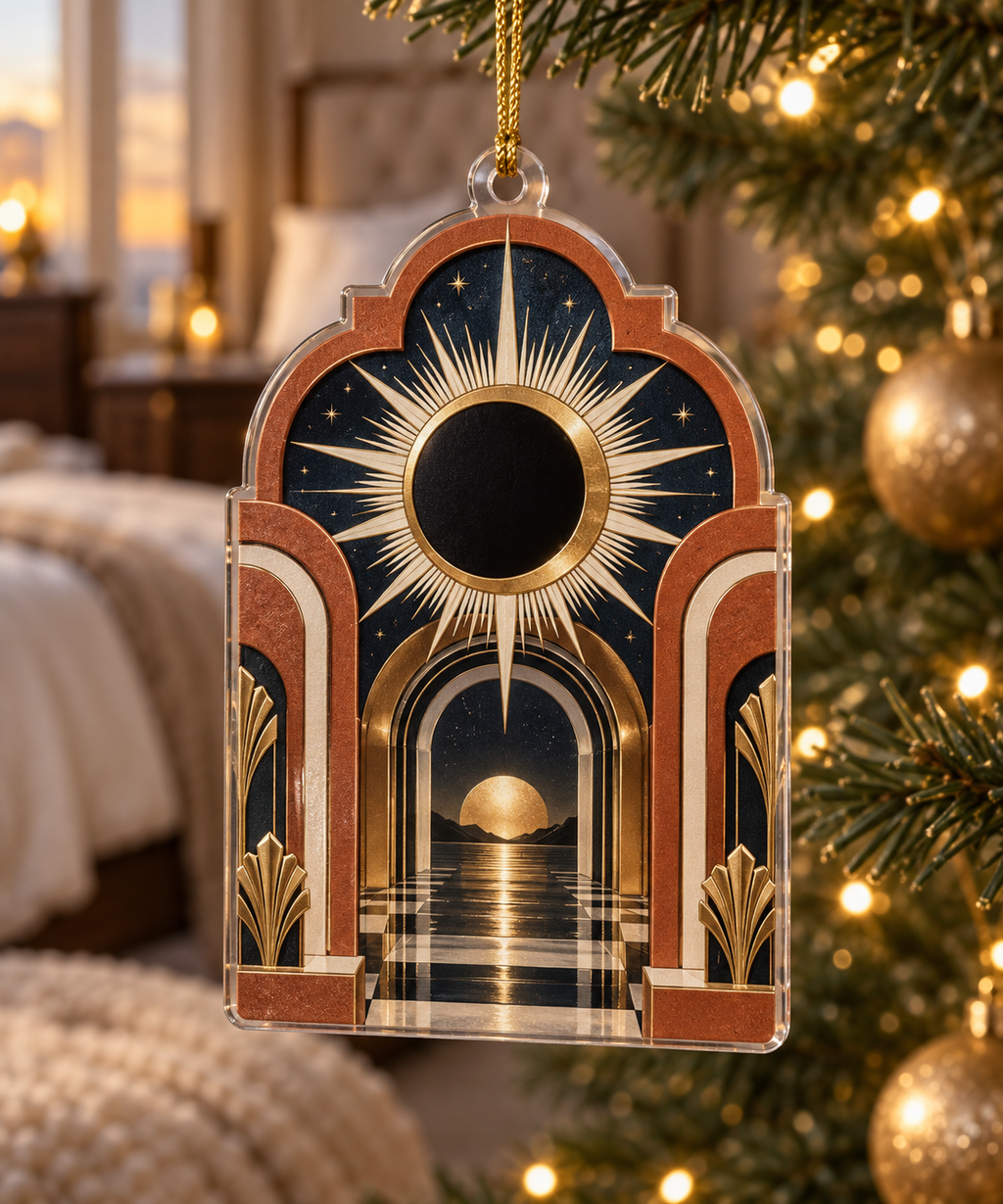 Solar Eclipse Bedroom Statement Custom Shape Ornament with flat printed optical 3D solar eclipse in matte black molten gold terracotta ivory and deep navy