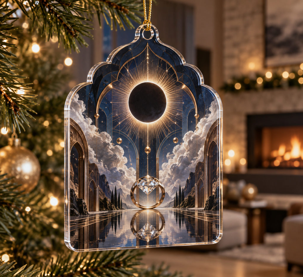 Solar Eclipse Living Room Custom Shape Ornament with flat printed optical 3D solar eclipse in sapphire black platinum gold smoky white and bronze