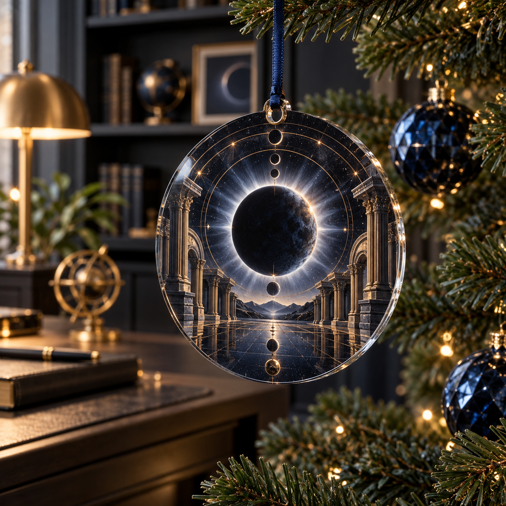 Solar Eclipse Executive Office Custom Shape Ornament with flat printed optical 3D solar eclipse in sapphire black platinum gold smoky white and bronze