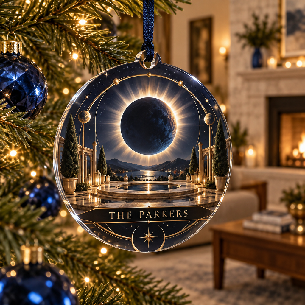 Personalized Solar Eclipse Custom Shape Ornament showing The Parkers within flat printed optical 3D solar eclipse portal in graphite eclipse orange ice blue slate and brass