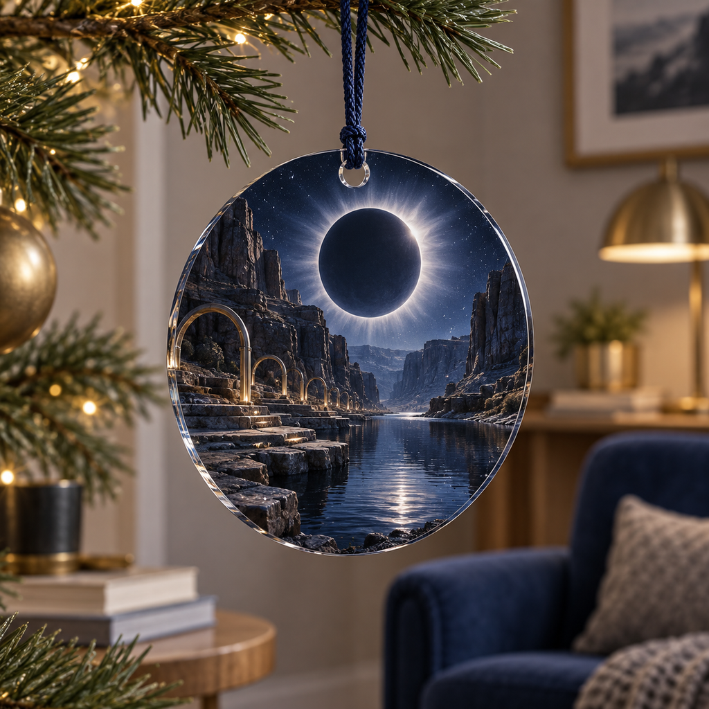 Solar Eclipse Quiet Corner Custom Shape Ornament with flat printed optical 3D solar eclipse in sapphire black platinum gold smoky white and bronze
