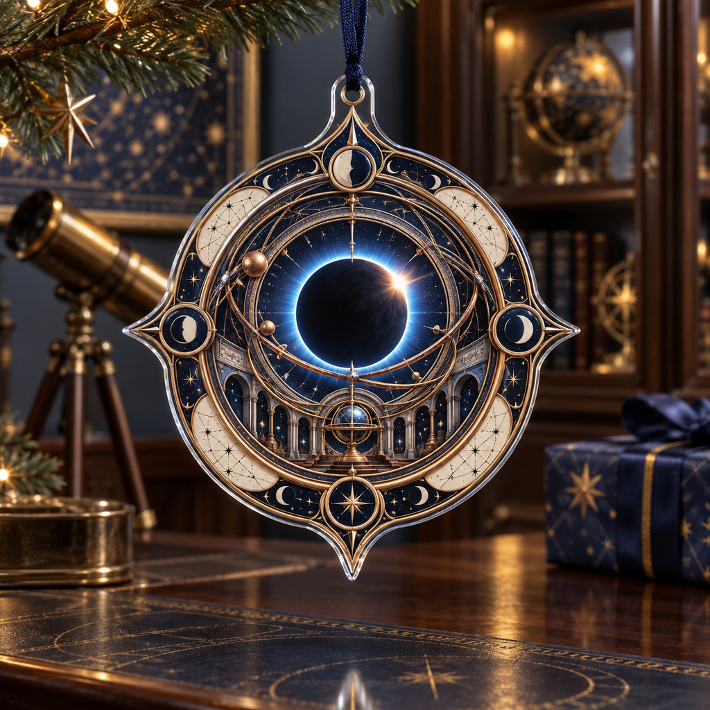 Solar Eclipse Collector Keepsake Custom Shape Ornament with flat printed optical 3D solar eclipse in sapphire black platinum gold smoky white and bronze