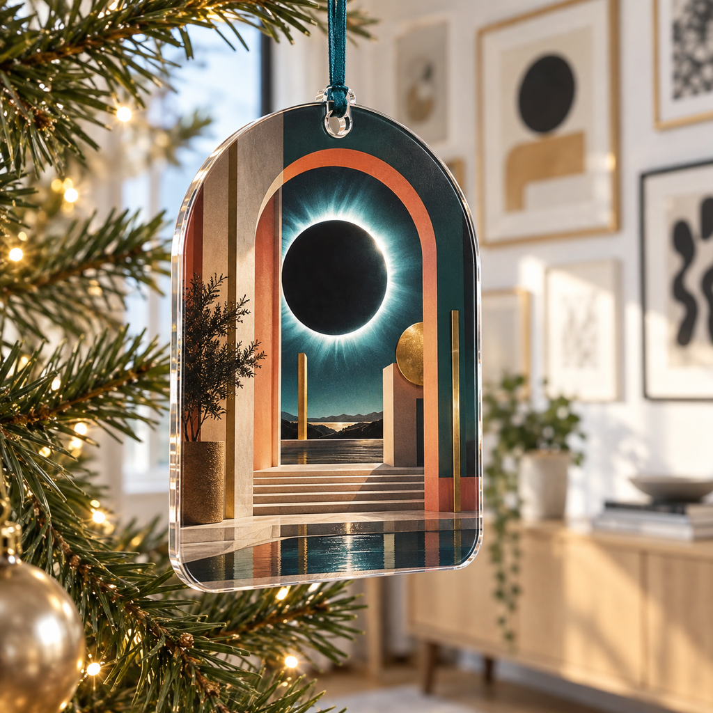 Solar Eclipse Apartment Gallery Custom Shape Ornament with flat printed optical 3D solar eclipse in sapphire black platinum gold smoky white and bronze