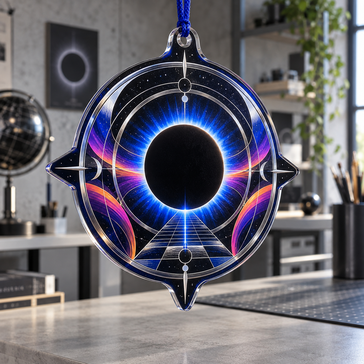 Solar Eclipse Hobby Studio Custom Shape Ornament with flat printed optical 3D solar eclipse in sapphire black platinum gold smoky white and bronze