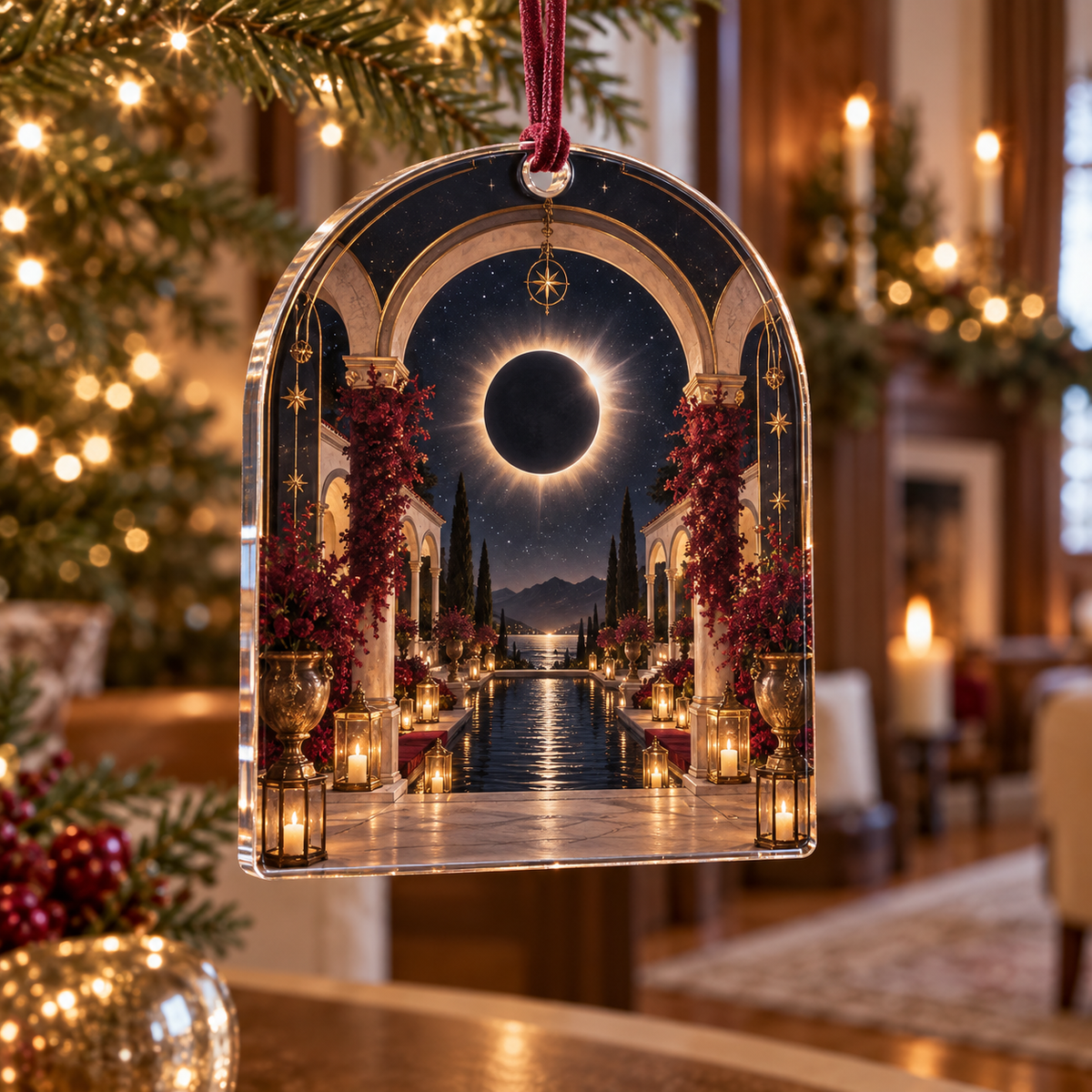 Solar Eclipse Host Thank You Custom Shape Ornament with flat printed optical 3D solar eclipse in sapphire black platinum gold smoky white and bronze