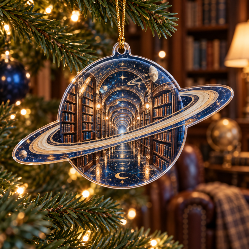 Ringed Planet Reading Nook Custom Shape Ornament with flat printed optical 3D ringed planet library corridor in sapphire amber pearl ice copper navy and walnut