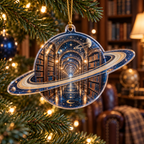 Ringed Planet Reading Nook Custom Shape Ornament with flat printed optical 3D ringed planet library corridor in sapphire amber pearl ice copper navy and walnut