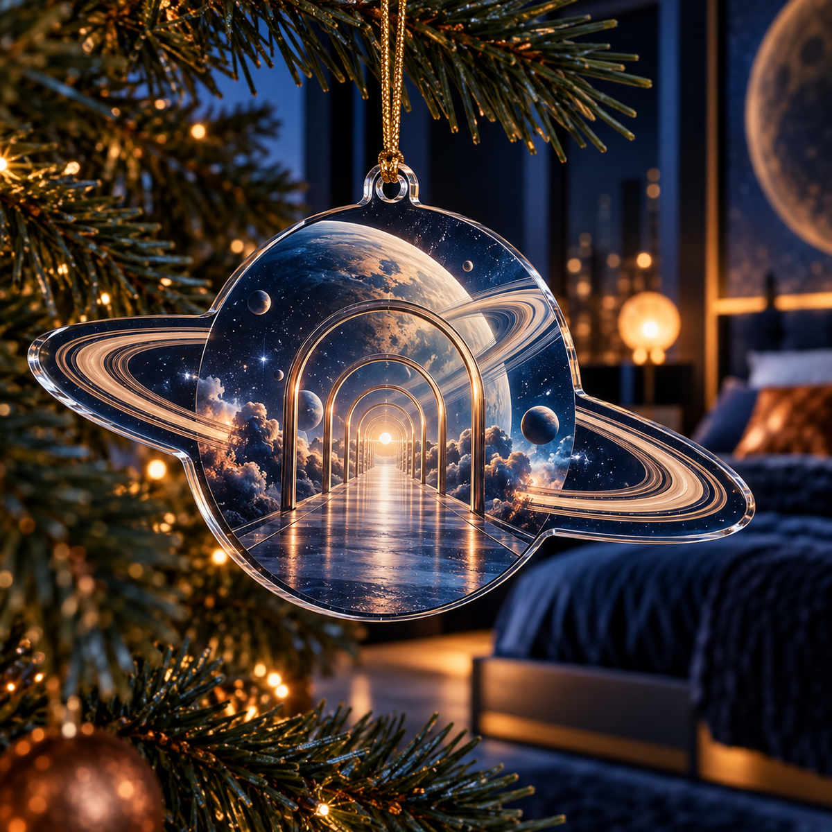 Ringed Planet Bedroom Statement Custom Shape Ornament with flat printed optical 3D ringed planet celestial corridor in sapphire amber pearl ice copper and navy
