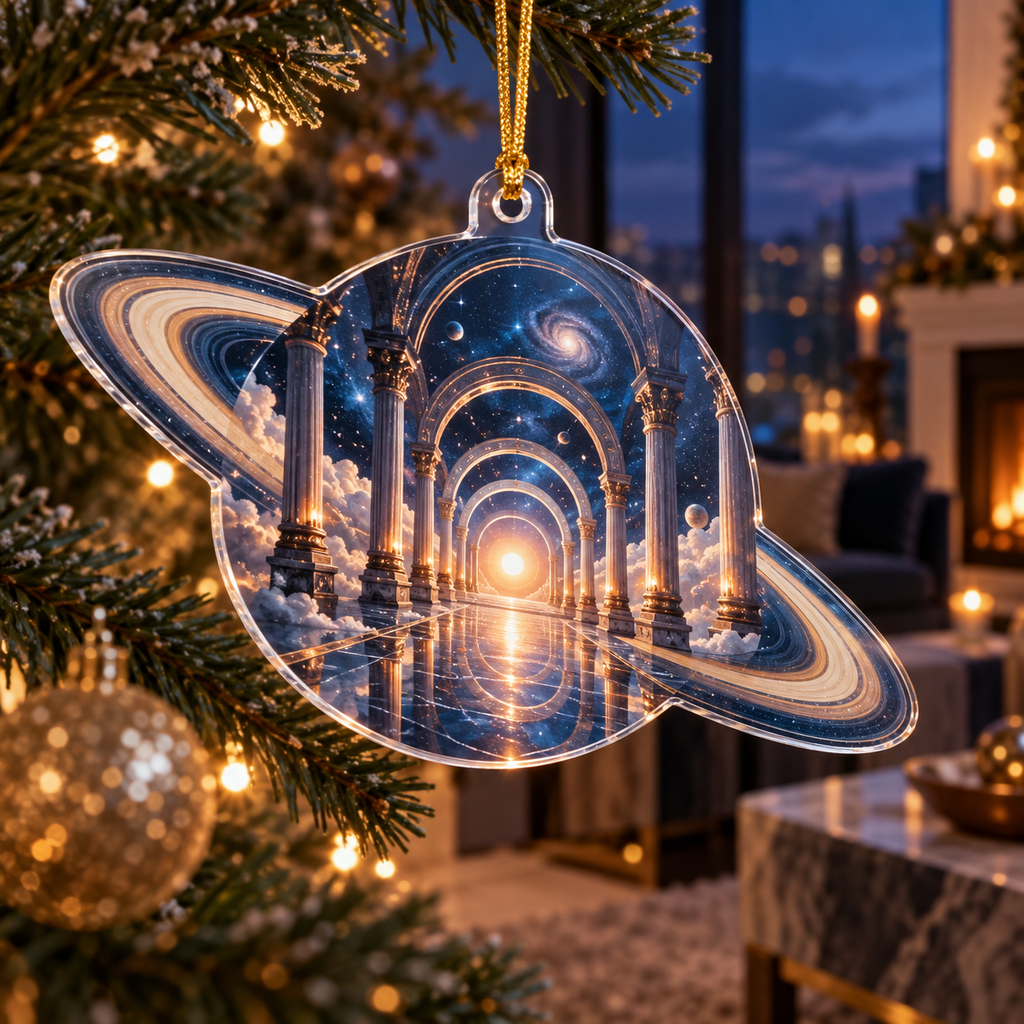 Ringed Planet Living Room Focal Point Custom Shape Ornament with flat printed optical 3D ringed planet celestial colonnade in sapphire amber pearl ice copper navy and walnut