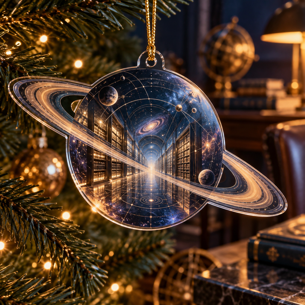 Ringed Planet Home Office Backdrop Custom Shape Ornament with flat printed optical 3D ringed planet archive corridor in sapphire amber pearl ice copper navy and walnut
