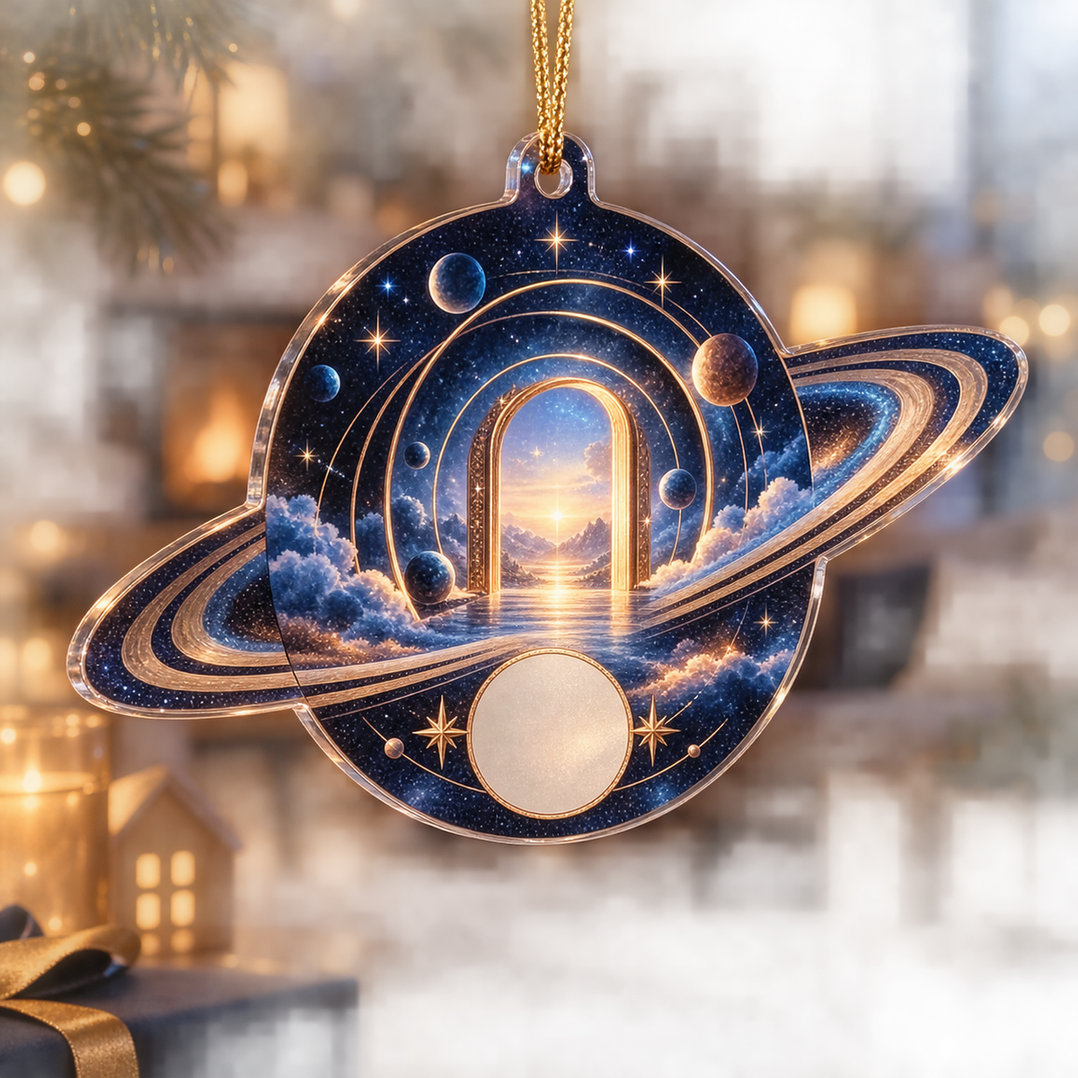 Personalized Ringed Planet Housewarming Ornament with blank personalization area and flat printed optical 3D celestial doorway in sapphire amber pearl ice copper and navy