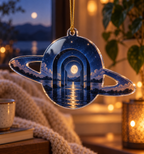 Ringed Planet Quiet Corner Decor Custom Shape Ornament with flat printed optical 3D ringed planet moonlit arches in sapphire amber pearl ice copper navy and walnut