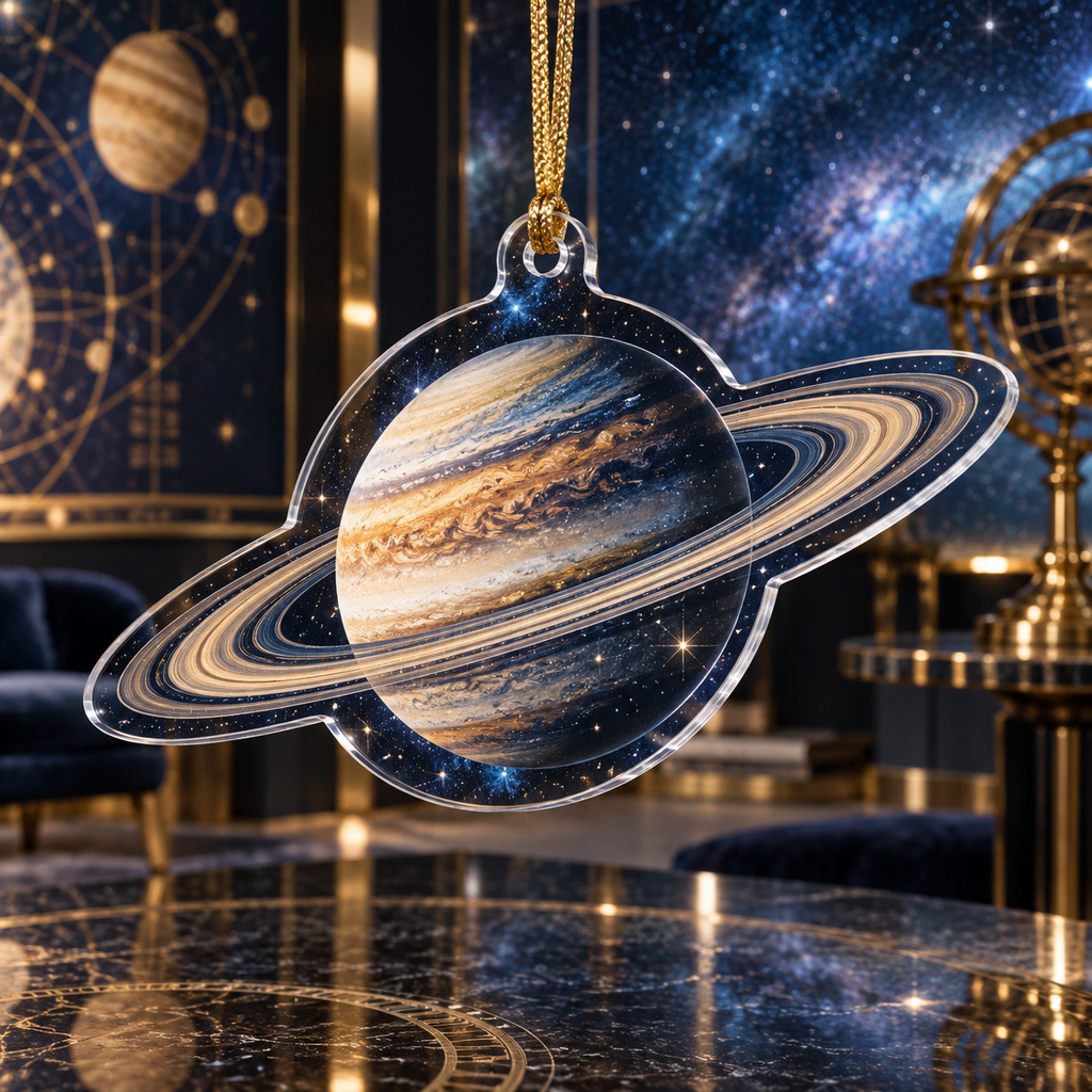 Ringed Planet Collector Birthday Keepsake Custom Shape Ornament with flat printed optical 3D ringed planet orbital gallery in sapphire amber pearl ice copper navy and walnut