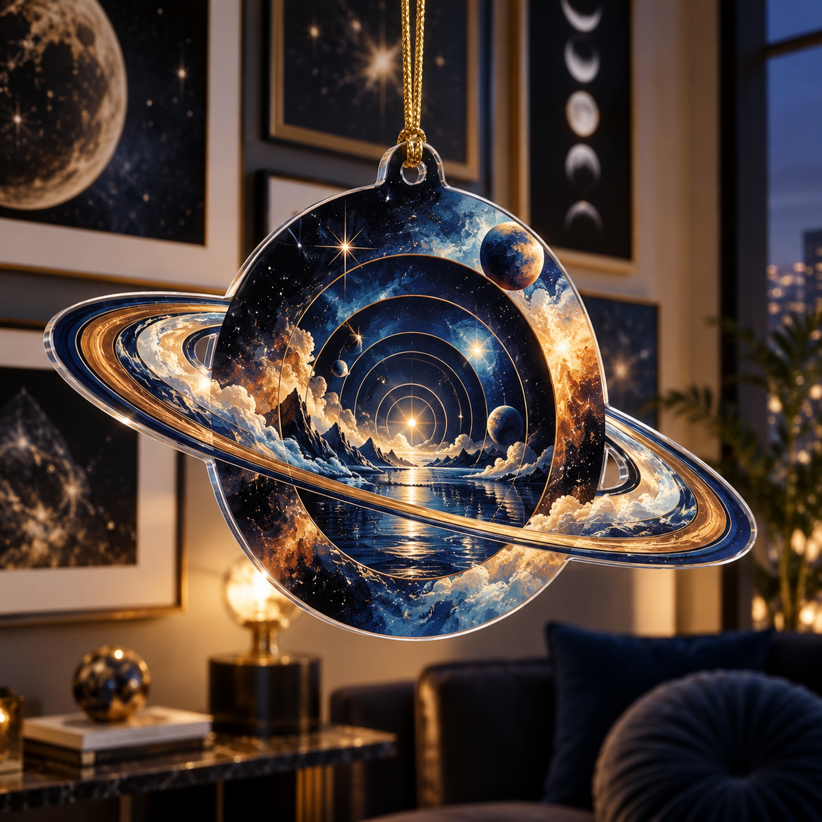 Ringed Planet Apartment Gallery Wall Custom Shape Ornament with flat printed optical 3D ringed planet floating frames in sapphire amber pearl ice copper navy and walnut