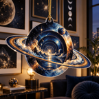 Ringed Planet Apartment Gallery Wall Custom Shape Ornament with flat printed optical 3D ringed planet floating frames in sapphire amber pearl ice copper navy and walnut
