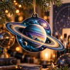 Ringed Planet Hobby Studio Identity Custom Shape Ornament with flat printed optical 3D ringed planet in indigo teal violet warm gold and creative studio setting