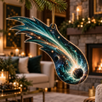 Comet Trail Living Room Focal Point Custom Shape Ornament with flat printed optical 3D comet trail in charcoal deep teal emerald copper pearl and an upscale living room