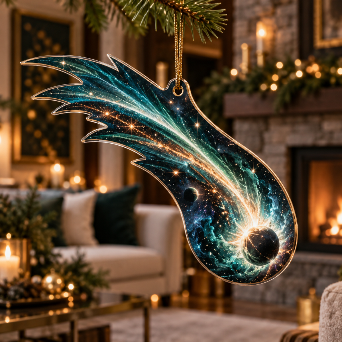 Comet Trail Living Room Focal Point Custom Shape Ornament with flat printed optical 3D comet trail in charcoal deep teal emerald copper pearl and an upscale living room