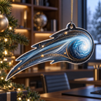 Comet Trail Home Office Backdrop Custom Shape Ornament with flat printed optical 3D comet trail in graphite navy ice blue slate amber pearl and modern home office