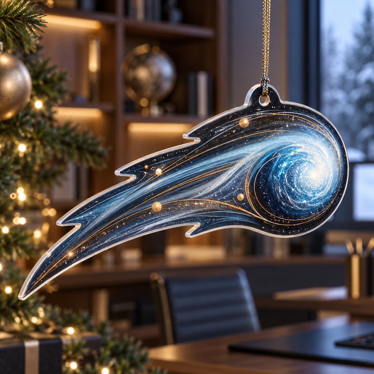 Comet Trail Home Office Backdrop Custom Shape Ornament with flat printed optical 3D comet trail in graphite navy ice blue slate amber pearl and modern home office