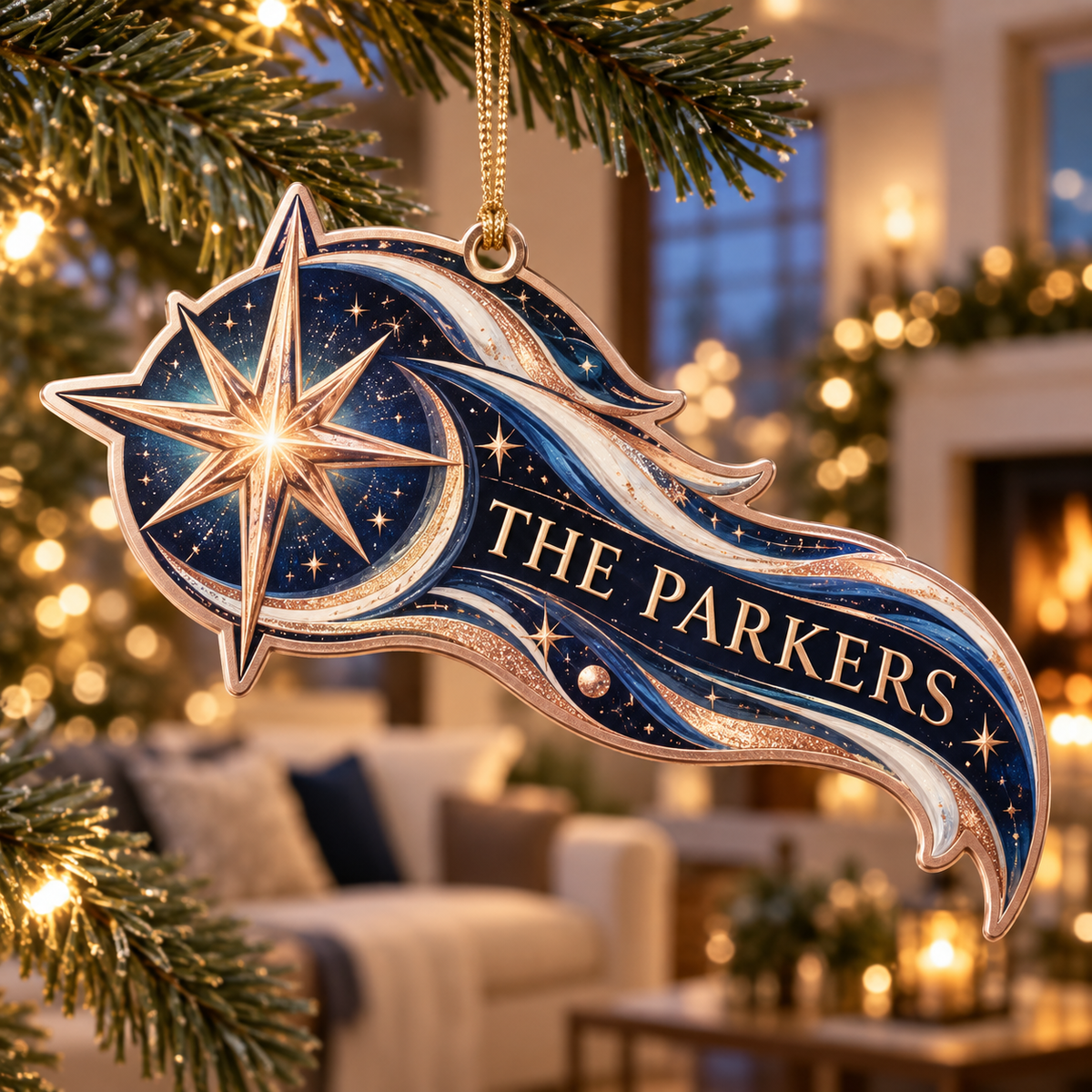Personalized Comet Trail Housewarming Custom Shape Ornament showing THE PARKERS example with flat printed optical 3D ivory rose gold sapphire comet trail in a warm new home