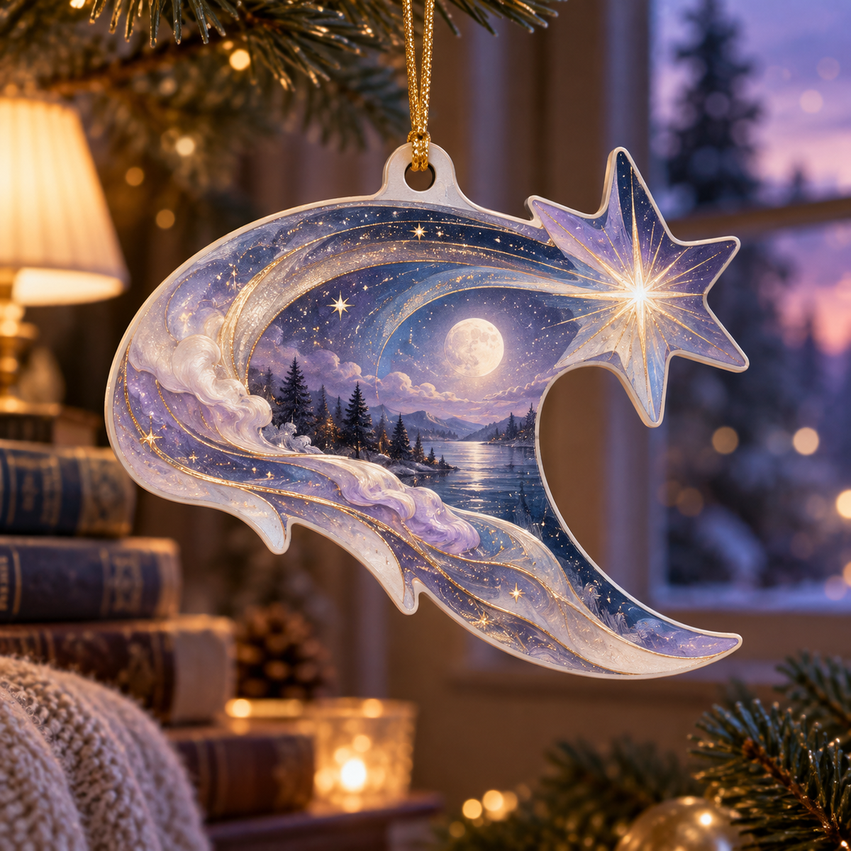 Comet Trail Quiet Corner Decoration Custom Shape Ornament with flat printed optical 3D comet trail in charcoal blue dusty lavender mist blue pearl pale gold and serene quiet corner