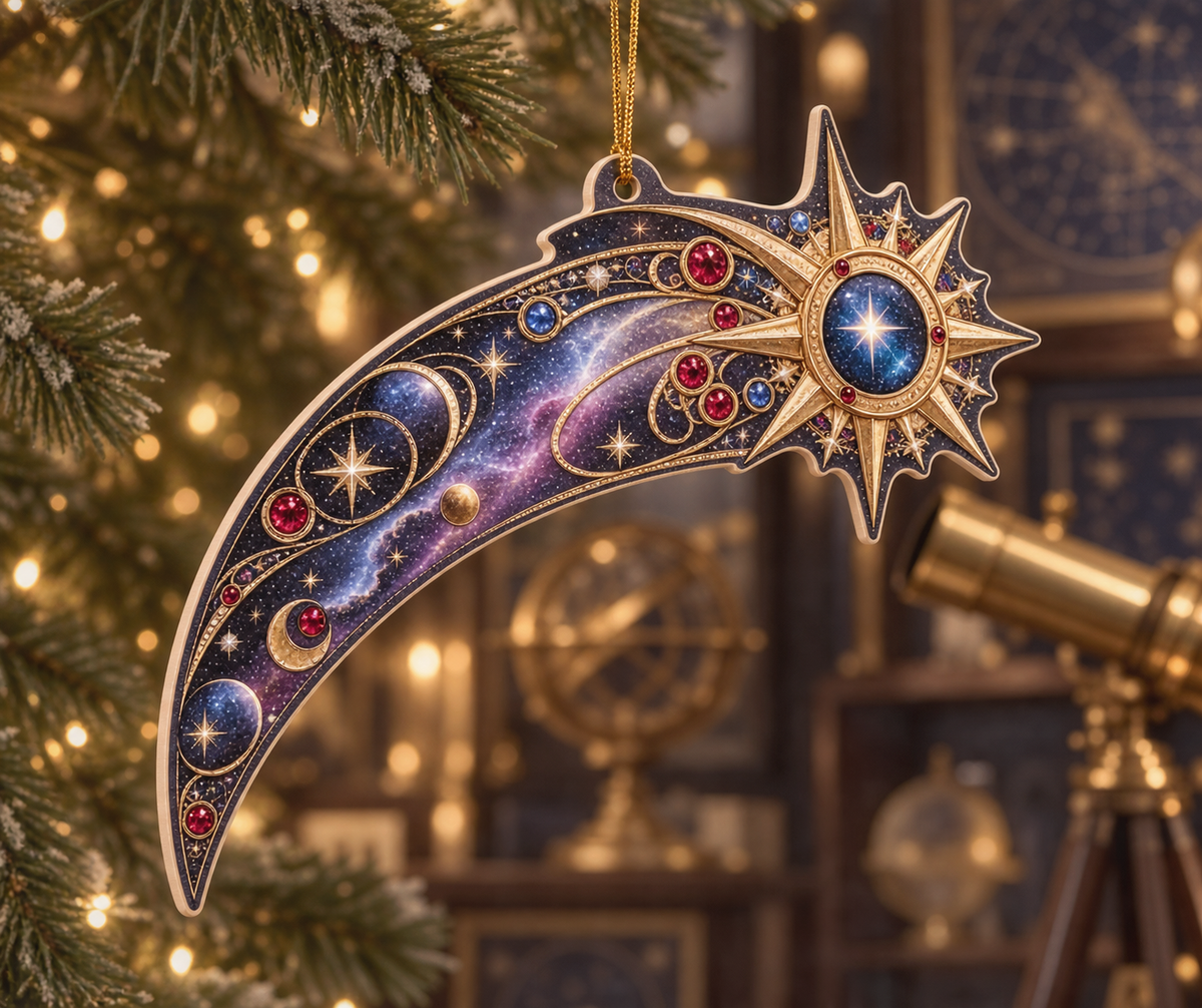 Comet Trail Birthday Keepsake Custom Shape Ornament with flat printed optical 3D jeweled comet trail in ruby sapphire antique gold icy white smoky violet in a refined astronomy collector setting