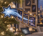 Comet Trail Apartment Gallery Wall Custom Shape Ornament with flat printed optical 3D comet trail in midnight navy icy blue smoky violet antique gold and pearl white in a compact apartment gallery setting