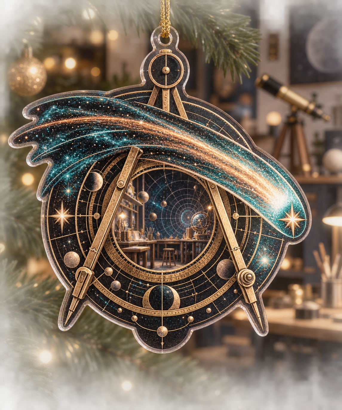 Comet Trail Hobby Studio Identity Custom Shape Ornament with flat printed optical 3D comet trail in deep graphite electric teal copper brass gold and pearl white in a creative hobby studio