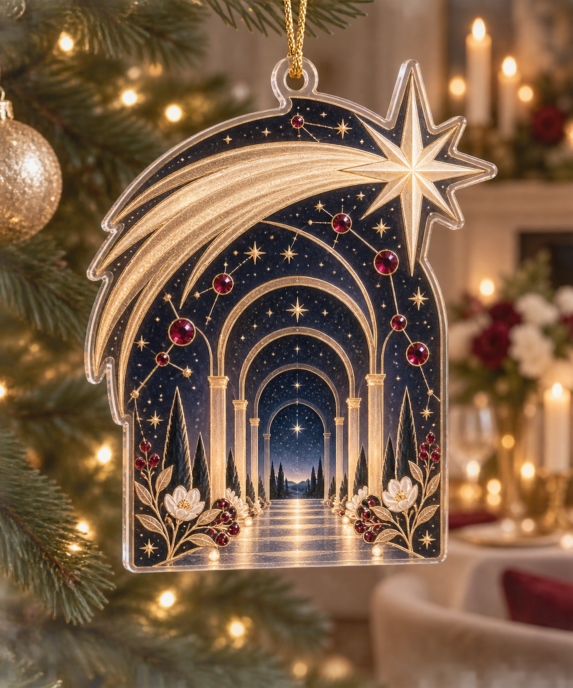 Comet Trail Host Thank You Gift Custom Shape Ornament with flat printed optical 3D champagne comet in midnight blue garnet red champagne gold pearl white and welcoming hospitality setting